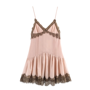 Mini Abito Rosa Bordo In Pizzo Spalline Sottili Scollo A V Senza Maniche Poliestere Stile Sexy Y2K Per Donne