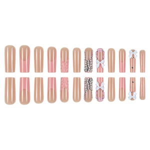 Long coffin press-on nails set with pink plaid, 3D white bows and sparkly rhinestones