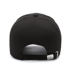 Rear view of black cotton baseball cap showing adjustable metal buckle and twill texture