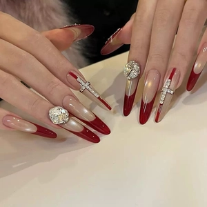 Handmade Long Stiletto Press On Nails Red French Tips Cross Charm Rhinestone Cat Eye Artificial Pearl Artificial Finger Nails For Women