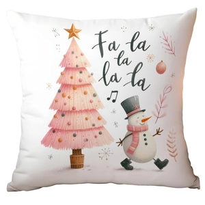 Detail of pink snowman plush pillow cover with festive Fa la la la la musical text
