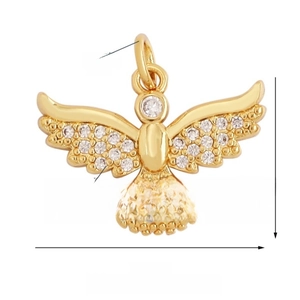 Detailed view of bird pendant in gold alloy with zircon wings measuring 20mm by 13mm