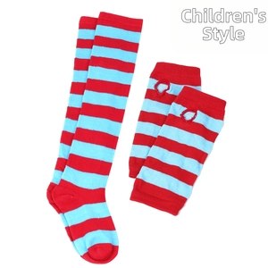 Close-up of kids' knit red and blue striped long socks and thumbhole arm warmers set