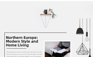Detail of Nordic golden V-shaped metal wall shelf with wooden disc for small plants