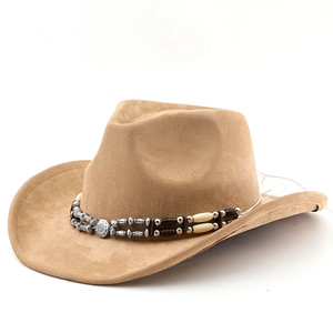 Khaki bohemian western cowboy hat with beaded band and vintage metal buckle detail