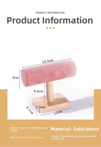Pink velvet T-bar jewelry stand with natural wood base showing detailed dimensions
