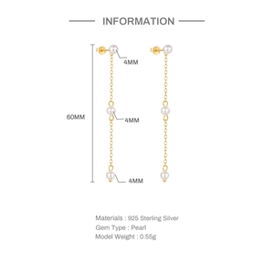 Detailed dimension guide for 60mm S925 silver pearl drop earrings with 4mm pearls