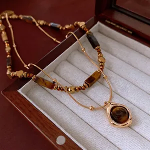 Vintage Tiger Eye Stone Layered Necklace Copper Gold Plated Beaded Geometric Aesthetic Jewelry For Women