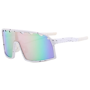 Oversized white splatter sports sunglasses with colorful iridescent lenses for cycling
