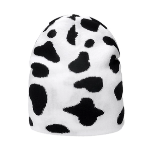 Winter knitted beanie with black and white cow pattern for men and women
