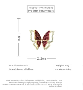 Detailed size specifications for butterfly brooch with red and white zircons