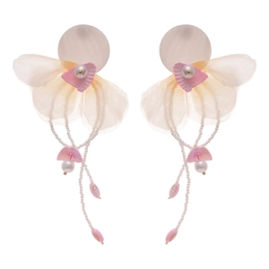 Pink chiffon petal earrings with pearls, heart charms and long tassel fringe