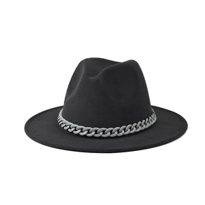 Detailed view of black wool fedora featuring a decorative thick silver chain band