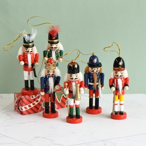 Set of 6 handcrafted wooden Nutcracker soldier ornaments with festive hanging strings