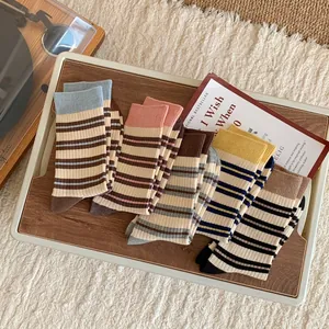 Women Crew Socks Combed Cotton Striped Double Needle Contrast Color Ribbed Cuff Korean Retro Vintage Casual