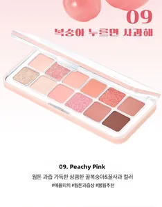 Detail of 12-color eyeshadow palette with matte and shimmer textures in peach tones