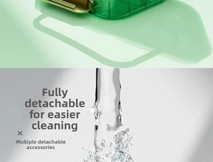 Detail showing detachable green medicine box components being washed under running water