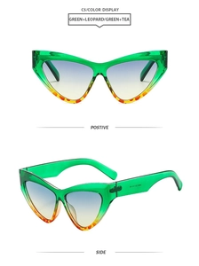 Positive and side view of cat-eye sunglasses with green frame and leopard print details
