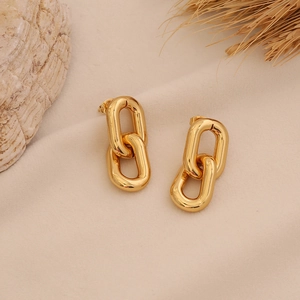 Elegant gold chain-link textured earrings on a soft beige fabric background with sea shell