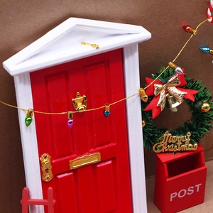 Festive Christmas miniature set with red door, POST mailbox, green wreath and bead light string