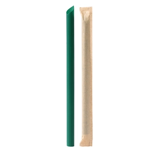 Green food-grade plastic straws with diagonal cut in individual paper packaging