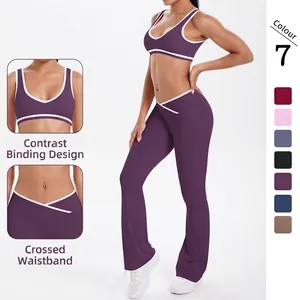 Women Yoga Workout Outfit Contrast Binding Sports Bra And Cross Waistband Flare Leggings Breathable Nylon Spandex