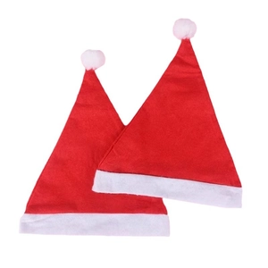 Pair of classic red non-woven Christmas hats with white plush trim and fuzzy pom-poms