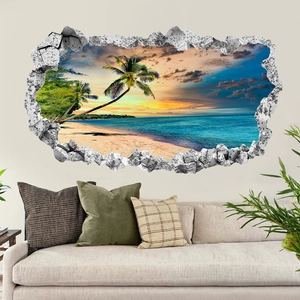 3D beach sunset window wall sticker with palm trees and ocean view for bedroom decor