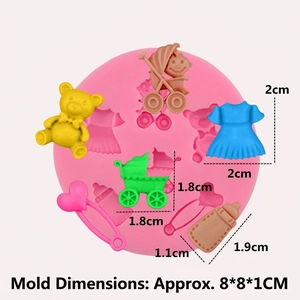 Pink silicone baby shower mold for fondant featuring stroller dress and bear patterns