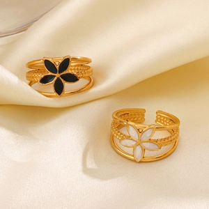 Vintage Flower Open Ring Stainless Steel 18K Gold Plated Triple Layered Adjustable Enamel Floral Jewelry For Women
