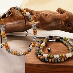 Men's natural stone beaded bracelets with adjustable cord and vintage stacked design