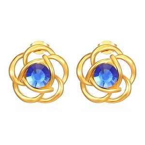 Golden flower earrings with blue gemstone center and 18K gold plated petals on white background
