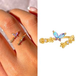 Iridescent Butterfly Open Ring Brass Flower Adjustable Gradient Fashion Jewelry For Women Cubic Zirconia
