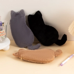 Detailed plush cat pencil cases in grey, black and brown colors with metal zipper close-up