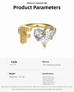 Detailed specs for adjustable S925 silver ring with zircon heart and letter F detail