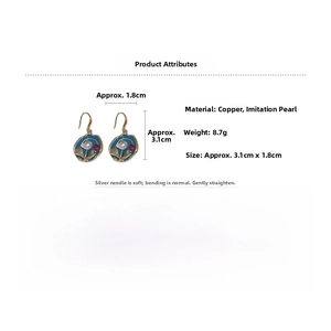 Macro detail of vintage floral pearl earrings with blue enamel and copper base specifications