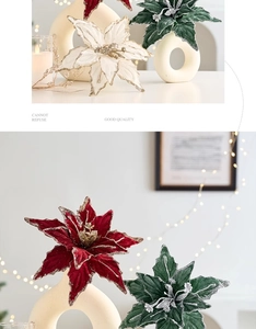 Detail of red and green velvet Christmas flowers with sequins in a cozy home setting