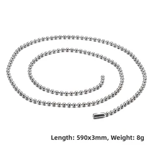 Detail view of a 3mm stainless steel ball chain with connector showing dimensions and weight