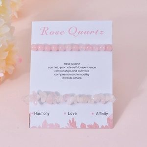 Detail of rose quartz bracelet set with round beads and irregular stone chips on display card