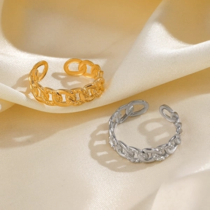 Cuban Chain Link Ring Stainless Steel 18K Gold Plated Zircon Hammered Adjustable Open Band Jewelry For Women
