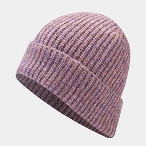 Detailed close-up of light purple ribbed knit beanie with thick fold-over cuff design
