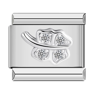 Italian modular stainless steel bracelet link with silver clover and crystals