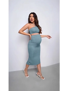 Two-piece ribbed maternity set with halter crop top and adjustable pencil midi skirt