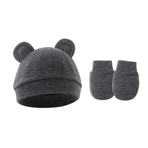 Detail of dark grey baby hat with bear ears and matching no-scratch mittens set