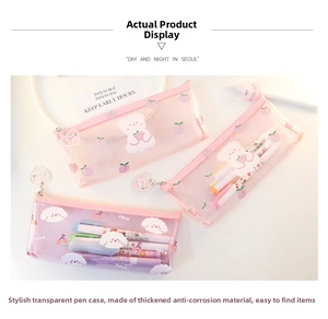Detail of transparent thickened pencil case with bear patterns and heart zipper pulls