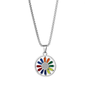 Rotating rainbow daisy pendant necklace in silver finish on white background