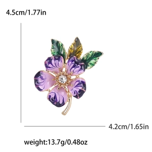 Elegant purple enamel flower brooch with gold plating and rhinestones for women