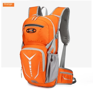 Orange hydration backpack with wide mesh straps and reflective safety strips for cycling