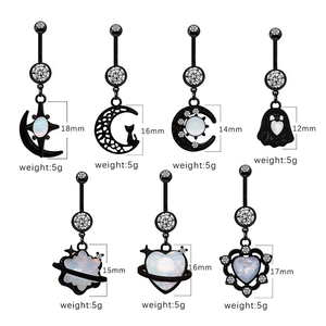 Guide des tailles de divers piercings de nombril lune et cœur en finition noire mate