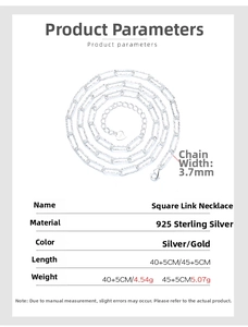 Macro detail of a 3.7mm 925 sterling silver paperclip chain necklace with product specifications